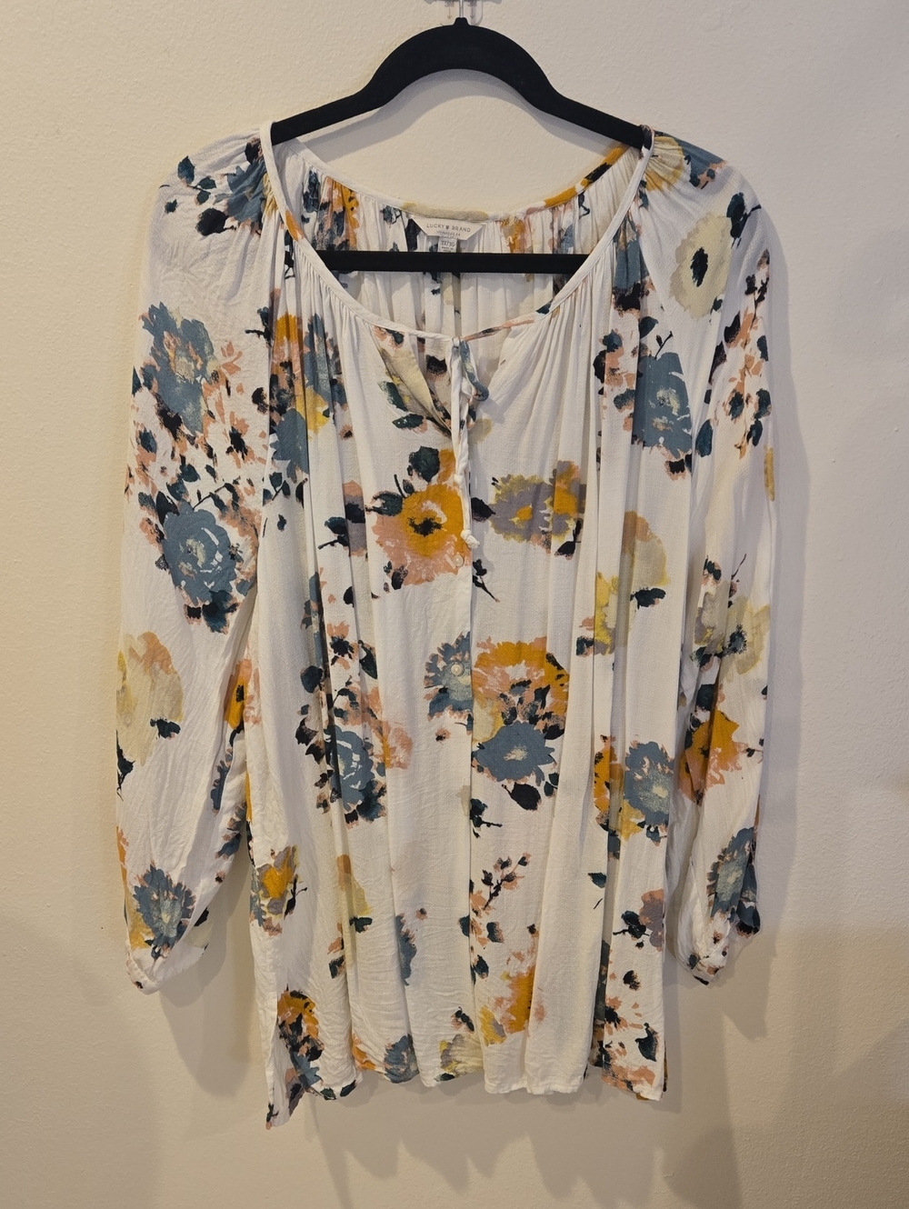 Lucky Brand White Floral Blouse with Blue and Yellow Accents